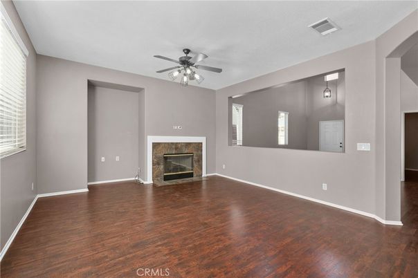 Empty room, Fireplace, Interior, Pendant Lights, Wood Texture Flooring