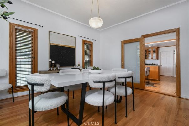 Dining room, Interior, Pendant Lights, Recessed Lighting, Wood Texture Flooring