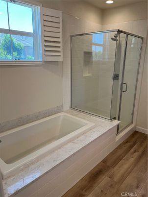 Bathroom, Glass Shower, Interior, Recessed Lighting, Wood Texture Flooring