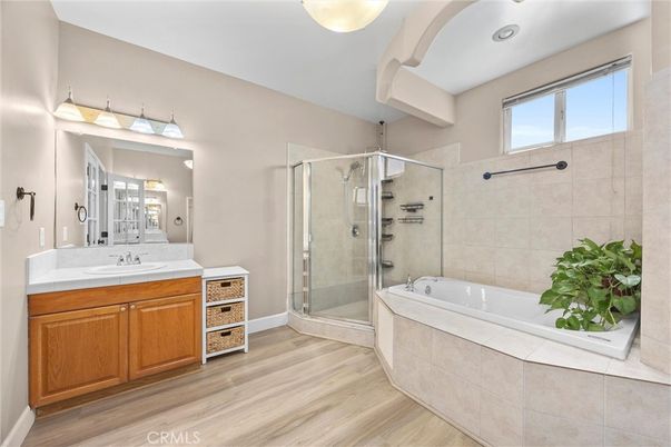 Bathroom, Glass Shower, Interior, Recessed Lighting, Wood Texture Flooring