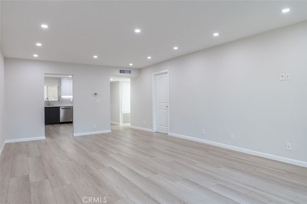 Empty room, Interior, Kitchen, Recessed Lighting, Wood Texture Flooring