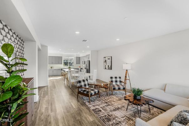 Dining room, Interior, Kitchen, Living room, Recessed Lighting, Stainless Steel Appliances, Wood Texture Flooring