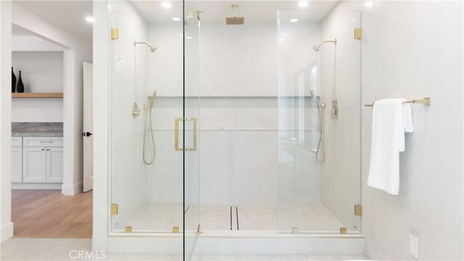 Bathroom, Glass Shower, Interior, Recessed Lighting, Wood Texture Flooring