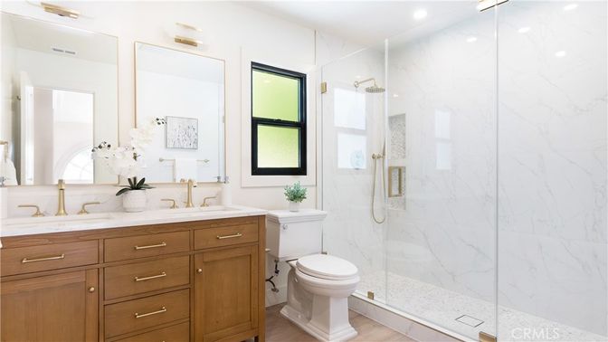 Bathroom, Glass Shower, Interior, Marble Walls, Recessed Lighting, Wood Texture Flooring