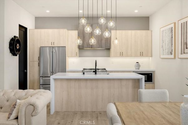 Interior, Kitchen, Pendant Lights, Recessed Lighting, Stainless Steel Appliances, Wood Texture Flooring