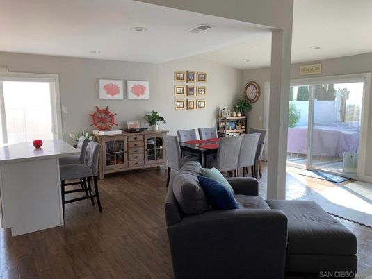 Dining room, Interior, Living room, Recessed Lighting, Wood Texture Flooring