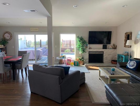 Dining room, Interior, Living room, Recessed Lighting, Wood Texture Flooring