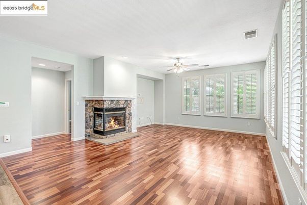Empty room, Fireplace, Interior, Recessed Lighting, Wood Texture Flooring