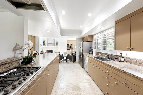 Fireplace, Interior, Kitchen, Recessed Lighting, Stainless Steel Appliances