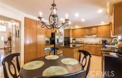 Chandelier, Dining room, Interior, Kitchen, Recessed Lighting, Stainless Steel Appliances