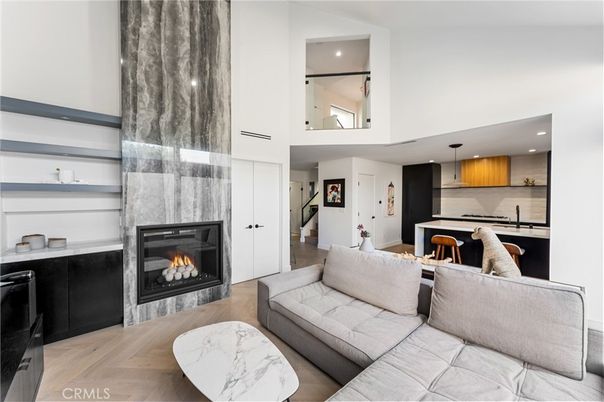 Dining room, Fireplace, Interior, Kitchen, Living room, Pendant Lights, Recessed Lighting, Wood Texture Flooring