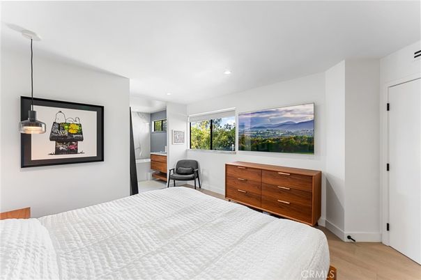 Bedroom, Interior, Pendant Lights, Recessed Lighting, Wood Texture Flooring