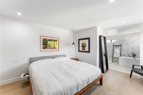 Bedroom, Interior, Marble Walls, Pendant Lights, Recessed Lighting, Wood Texture Flooring