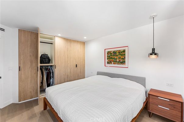Bedroom, Interior, Pendant Lights, Recessed Lighting, Wood Texture Flooring