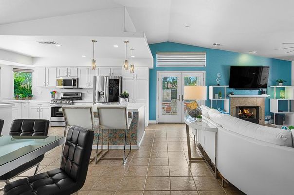 Fireplace, Interior, Kitchen, Living room, Pendant Lights, Recessed Lighting, Stainless Steel Appliances