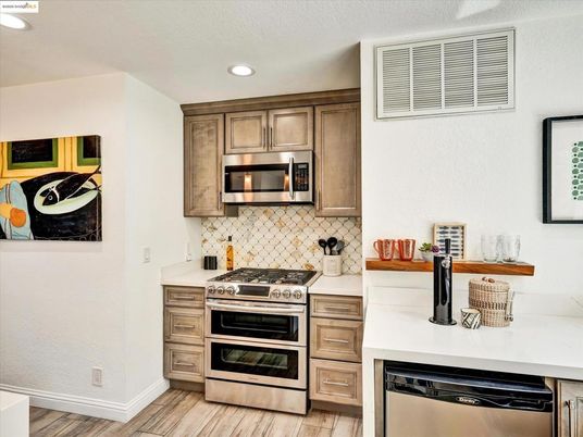 Interior, Kitchen, Recessed Lighting, Stainless Steel Appliances, Wood Texture Flooring