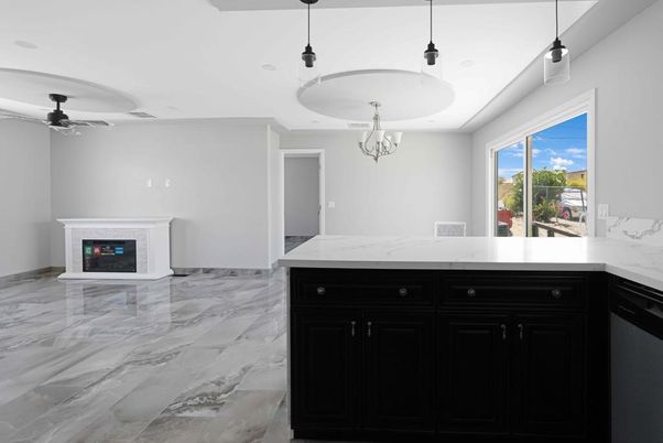 Fireplace, Interior, Marble, Pendant Lights