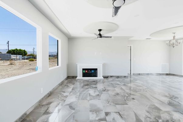 Chandelier, Empty room, Fireplace, Interior, Marble