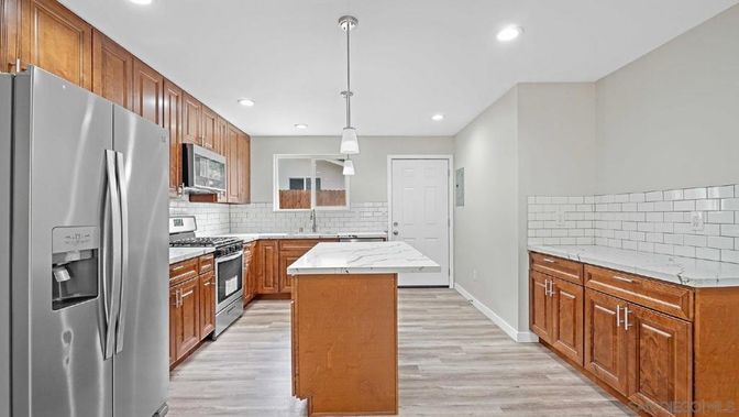 Interior, Kitchen, Pendant Lights, Recessed Lighting, Stainless Steel Appliances, Wood Texture Flooring