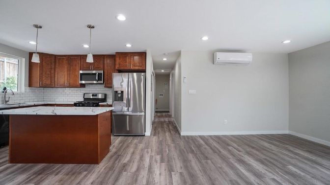 Interior, Kitchen, Pendant Lights, Recessed Lighting, Stainless Steel Appliances, Wood Texture Flooring