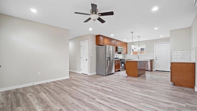Interior, Kitchen, Recessed Lighting, Stainless Steel Appliances, Wood Texture Flooring