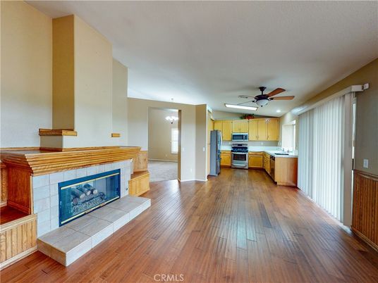 Fireplace, Interior, Kitchen, Recessed Lighting, Wood Texture Flooring