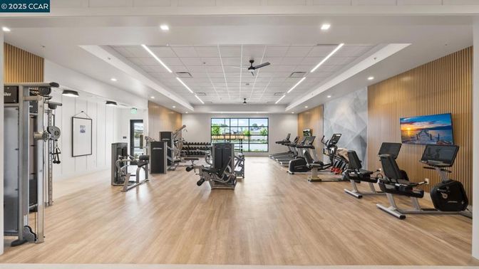 Fitness Equipment, Gym, Interior, Recessed Lighting, Wood Texture Flooring