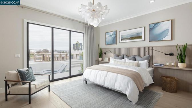 Bedroom, Chandelier, Interior, Recessed Lighting, Wood Texture Flooring