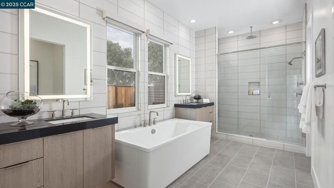 Bathroom, Dual Sink Vanities, Glass Shower, Interior, Recessed Lighting