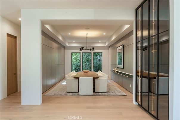 Dining room, Interior, Pendant Lights, Recessed Lighting, Wood Texture Flooring