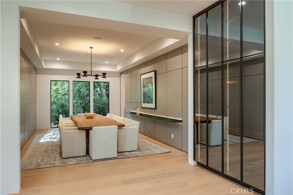 Dining room, Interior, Pendant Lights, Recessed Lighting, Wood Texture Flooring