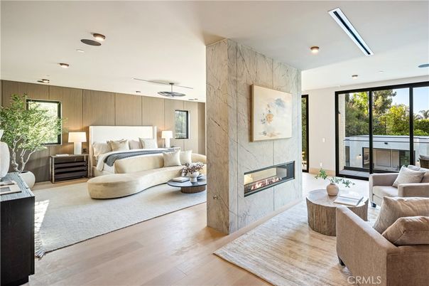 Bedroom, Fireplace, Interior, Living room, Marble Walls, Pendant Lights, Recessed Lighting, Wood Texture Flooring