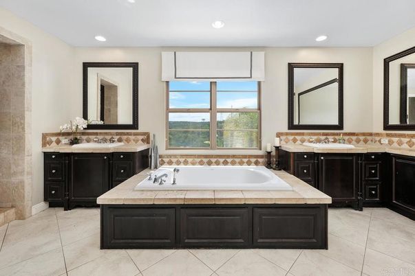 Bathroom, Dual Sink Vanities, Interior, Recessed Lighting, Tile Countertops