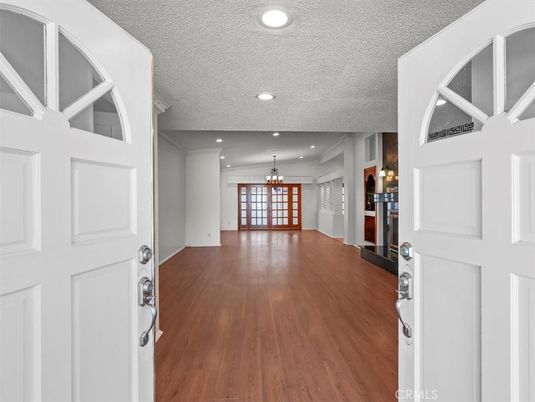 Chandelier, Empty room, Interior, Recessed Lighting, Wood Texture Flooring