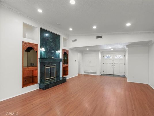 Empty room, Fireplace, Interior, Recessed Lighting, Wood Texture Flooring
