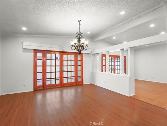 Chandelier, Empty room, Interior, Recessed Lighting, Wood Texture Flooring