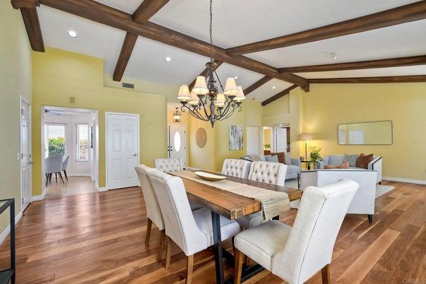 Chandelier, Dining room, Interior, Recessed Lighting, Wooden Beams, Wood Texture Flooring