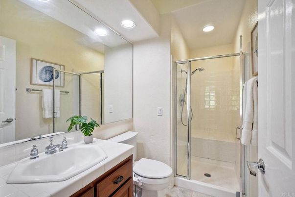 Bathroom, Glass Shower, Interior, Recessed Lighting, Tile Countertops