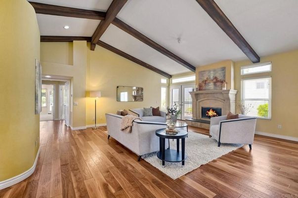 Fireplace, Interior, Living room, Recessed Lighting, Wooden Beams, Wood Texture Flooring