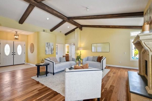 Fireplace, Interior, Living room, Recessed Lighting, Wooden Beams, Wood Texture Flooring