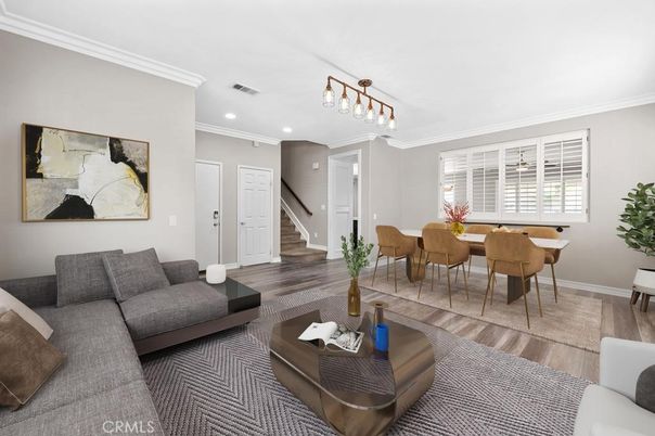 Dining room, Interior, Living room, Recessed Lighting, Wood Texture Flooring