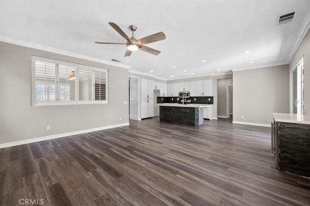 Empty room, Interior, Kitchen, Recessed Lighting, Wood Texture Flooring