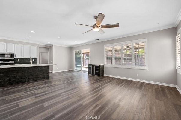 Empty room, Interior, Kitchen, Recessed Lighting, Wood Texture Flooring
