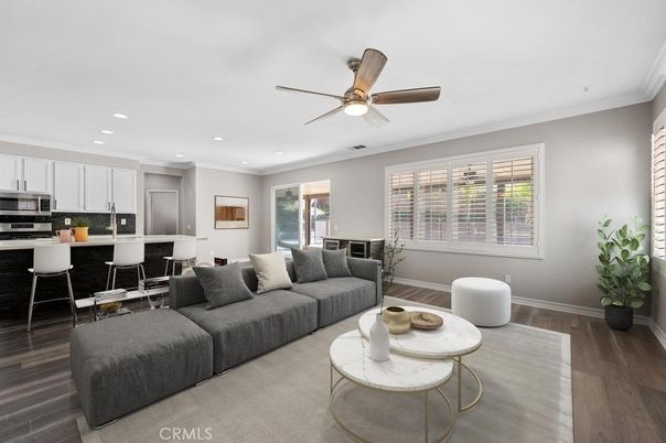 Dining room, Interior, Kitchen, Living room, Recessed Lighting, Stainless Steel Appliances, Wood Texture Flooring
