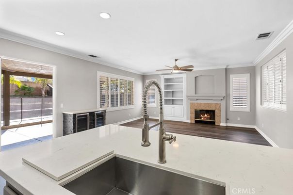 Empty room, Fireplace, Interior, Recessed Lighting, Wood Texture Flooring