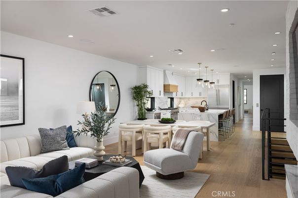 Dining room, Interior, Kitchen, Living room, Pendant Lights, Recessed Lighting, Stainless Steel Appliances, Wood Texture Flooring