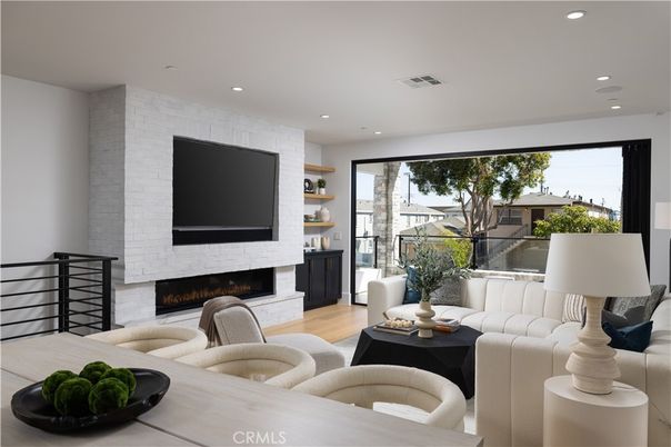 Fireplace, Interior, Living room, Recessed Lighting, Wood Texture Flooring