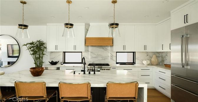 Interior, Kitchen, Marble Walls, Pendant Lights, Recessed Lighting, Stainless Steel Appliances, Wood Texture Flooring