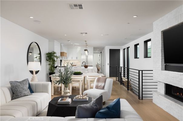 Dining room, Fireplace, Interior, Kitchen, Living room, Pendant Lights, Recessed Lighting, Stone Walls, Wood Texture Flooring