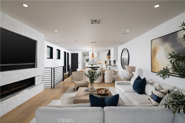 Dining room, Fireplace, Interior, Kitchen, Living room, Pendant Lights, Recessed Lighting, Wood Texture Flooring